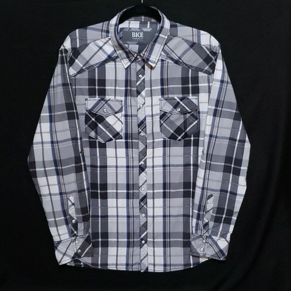 MENS SIZE L **BKE** GRAY WHITE PLAID SHIRT